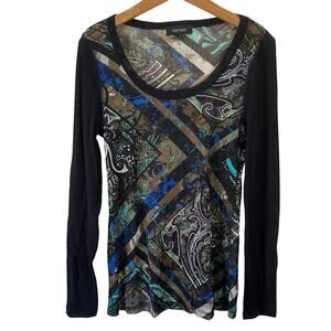 Karen Kane Sheer Mesh Long Sleeve Y2K Slim Paisley Scoop Neck Top XL
